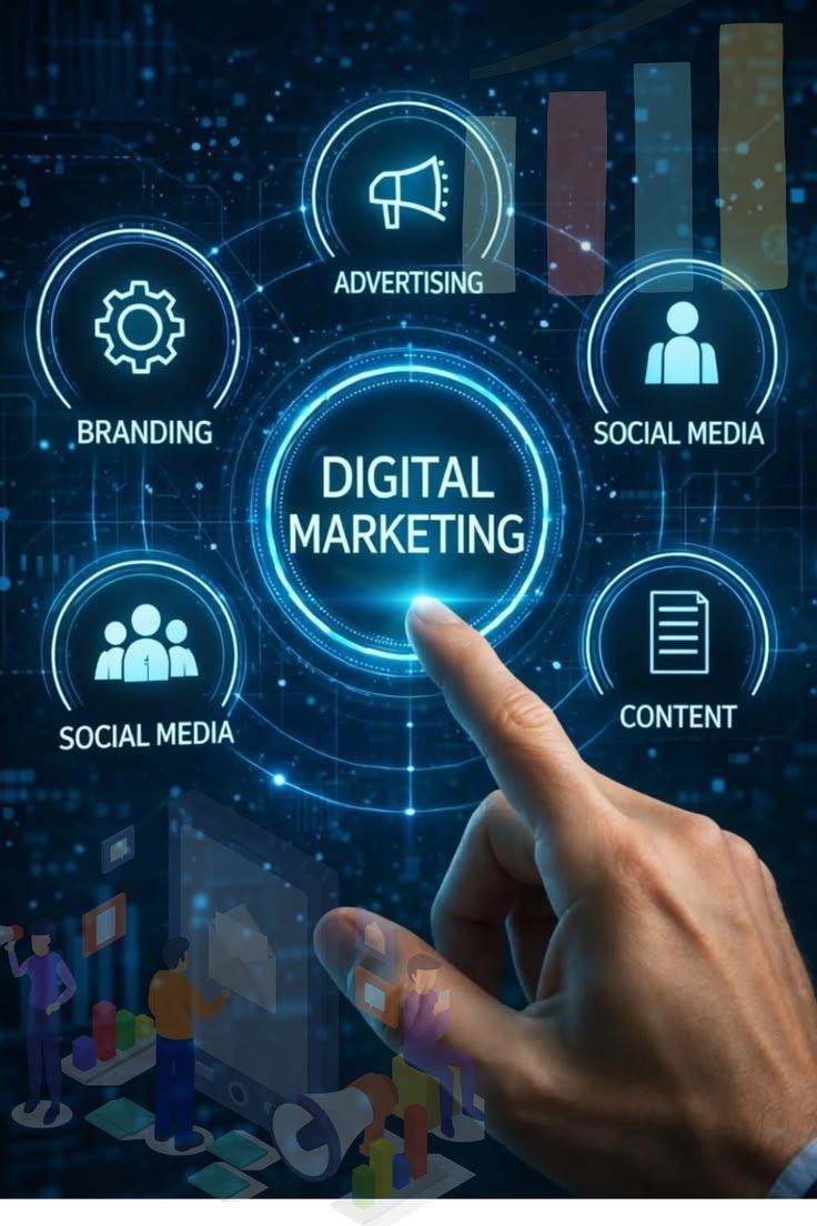 Digital marketing interface connecting branding, advertising, social media and content