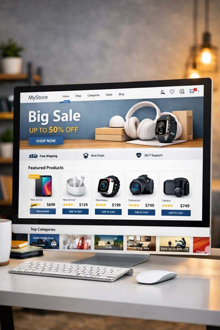 E-commerce store homepage on a desktop monitor with a sale banner and featured products