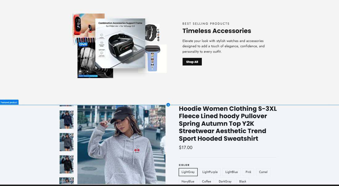 Sheekbutique timeless accessories section and featured product layout