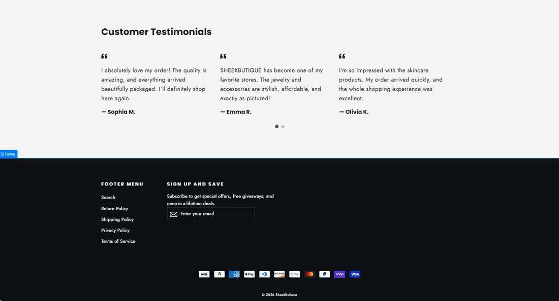 Sheekbutique customer testimonials section and footer