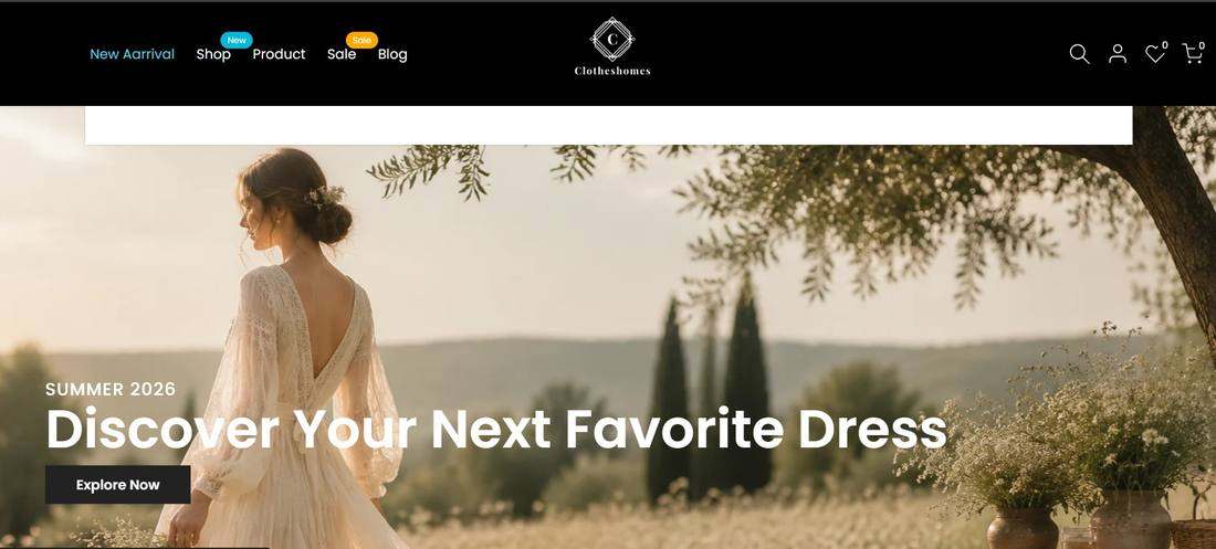 Clotheshomes homepage with header and summer dress hero