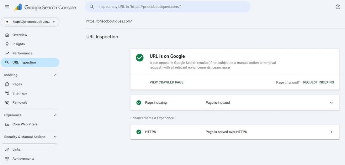 Google Search Console showing the Priscoboutique homepage is on Google and indexed