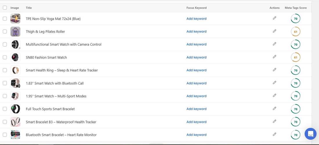 Before: FitVelion product list with no focus keywords set and meta tags scores between 61 and 81 (4 of 7)