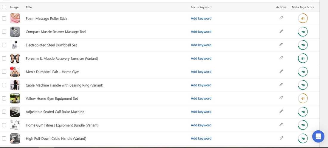 Before: FitVelion product list with no focus keywords set and meta tags scores between 61 and 81 (7 of 7)