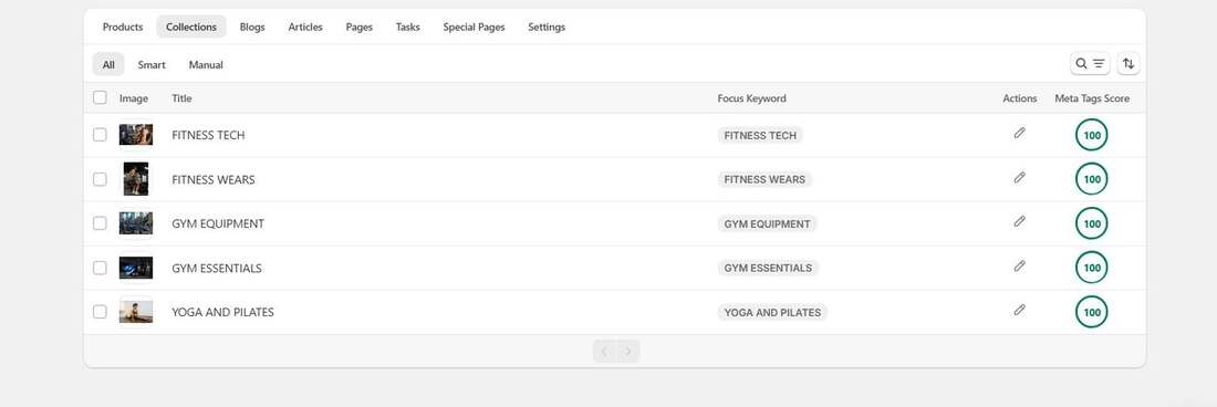 After: FitVelion collections with focus keywords and meta tags score of 100