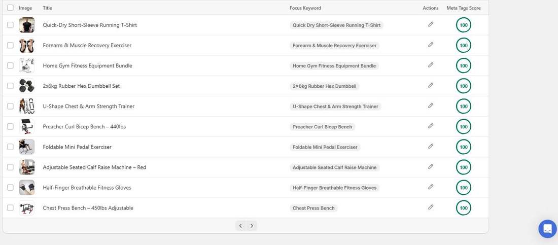 After: FitVelion dumbbell, bench and glove products with focus keywords and meta tags score of 100