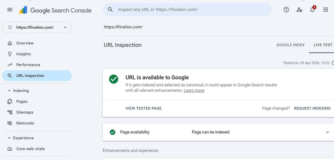 Google Search Console live URL inspection showing the FitVelion homepage is available to Google and can be indexed