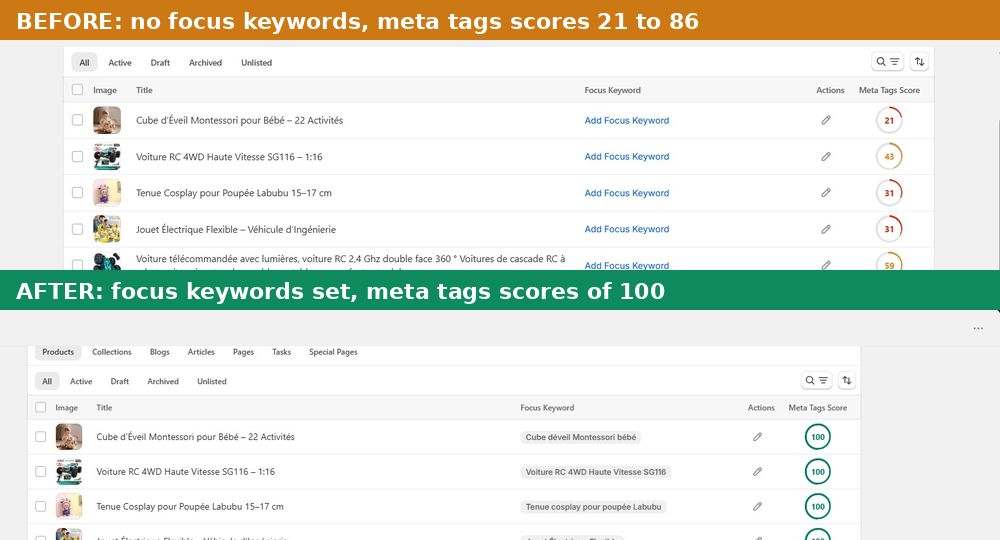 Before and after comparison of Tori Beng Store product SEO: before had no focus keywords and meta tags scores of 21 to 86, after has focus keywords and scores of 100