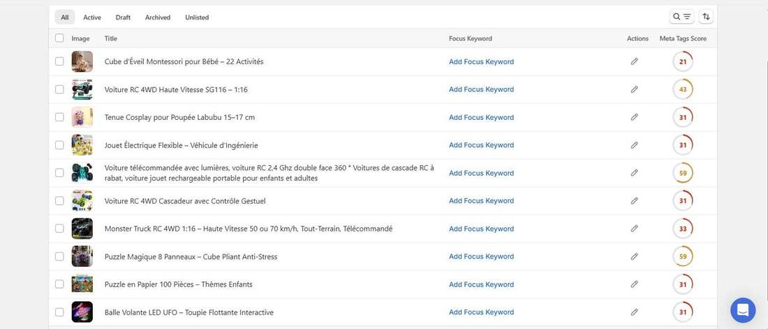 Before: Tori Beng Store product list with no focus keywords set and low meta tags scores (1 of 6)