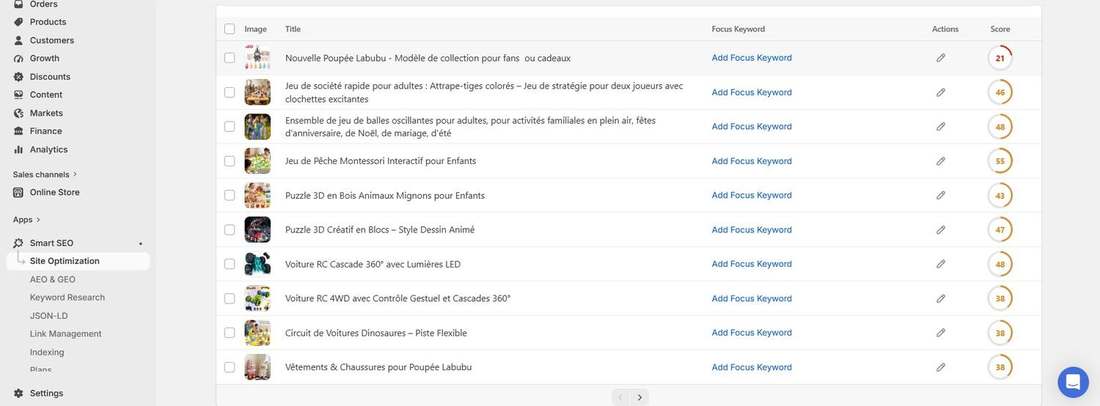 Before: Tori Beng Store product list with no focus keywords set and low meta tags scores (2 of 6)