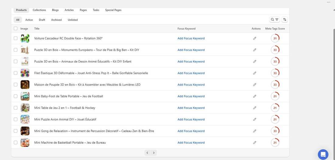 Before: Tori Beng Store product list with no focus keywords set and low meta tags scores (3 of 6)
