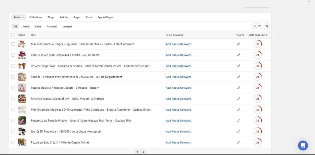 Before: Tori Beng Store product list with no focus keywords set and low meta tags scores (4 of 6)