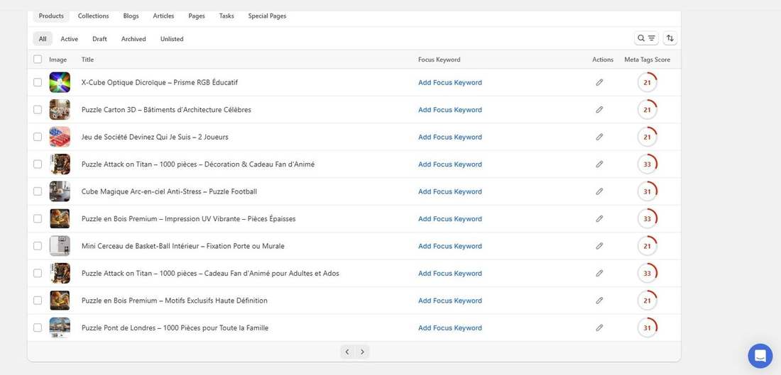 Before: Tori Beng Store product list with no focus keywords set and low meta tags scores (5 of 6)