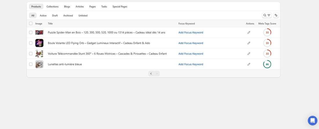 Before: Tori Beng Store product list with no focus keywords set and low meta tags scores (6 of 6)