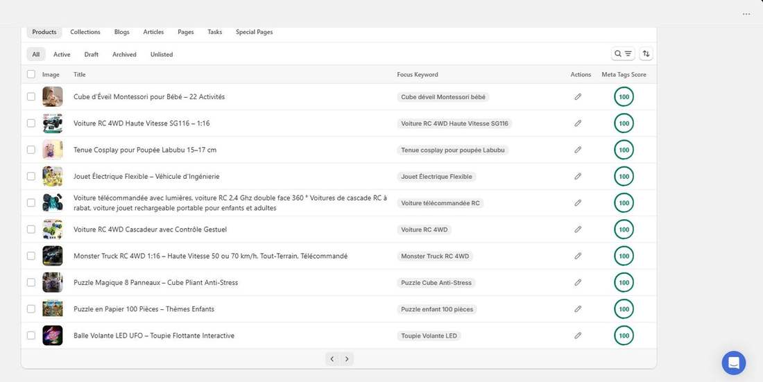 After: Tori Beng Store product list with focus keywords set and meta tags score of 100 (1 of 5)
