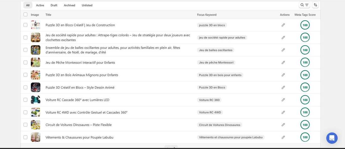 After: Tori Beng Store product list with focus keywords set and meta tags score of 100 (2 of 5)