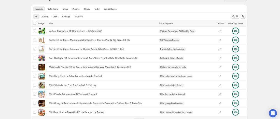 After: Tori Beng Store product list with focus keywords set and meta tags score of 100 (3 of 5)