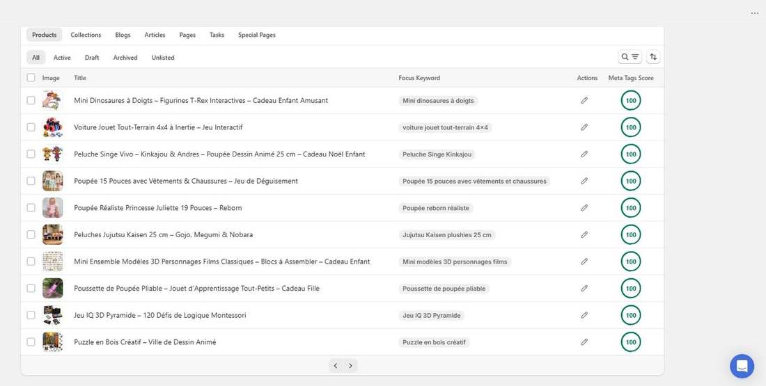 After: Tori Beng Store product list with focus keywords set and meta tags score of 100 (4 of 5)