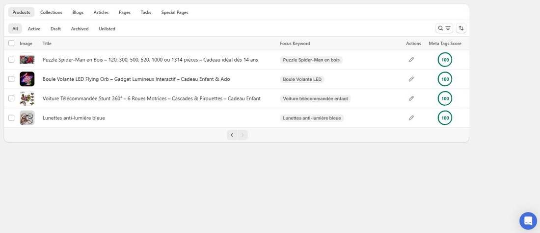 After: Tori Beng Store product list with focus keywords set and meta tags score of 100 (5 of 5)