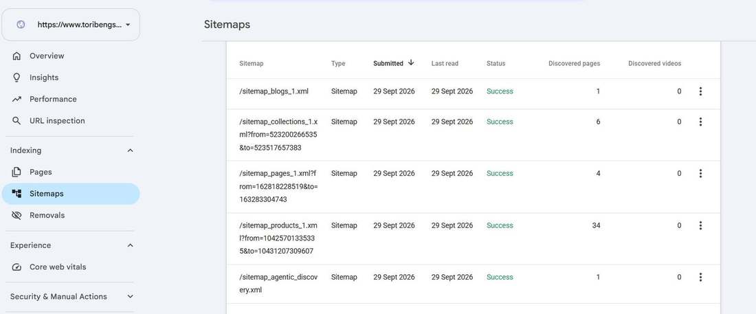 Google Search Console submitted sitemaps for Tori Beng Store, all read successfully