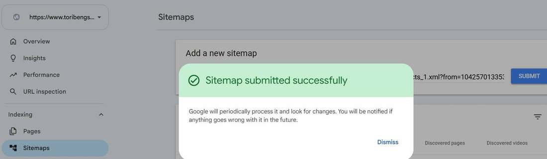 Google Search Console confirming a Tori Beng Store sitemap was submitted successfully