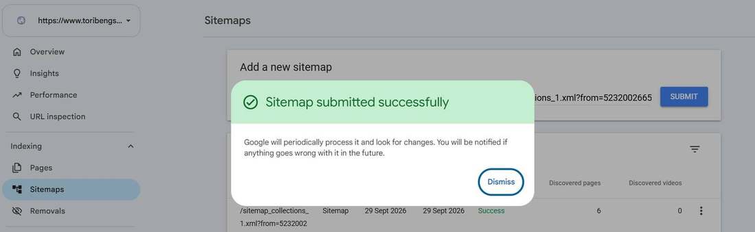 Google Search Console confirming a Tori Beng Store collections sitemap was submitted successfully